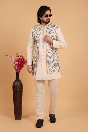 Beige Art Silk Readymade Kurta And Aligadhi Pant With Embroidered Jacket For Men