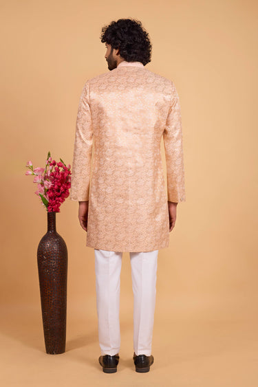 Peach Art Silk Wedding Wear Readymade Indowestern And Aligadhi Pant For Men