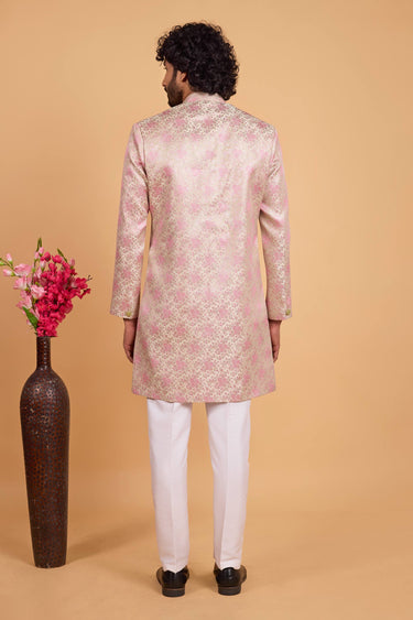 Beautiful Pink Zari Weaving Work Design Readymade Indowestern And Aligadhi Pant For Men