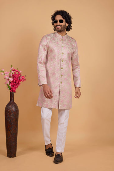 Beautiful Pink Zari Weaving Work Design Readymade Indowestern And Aligadhi Pant For Men