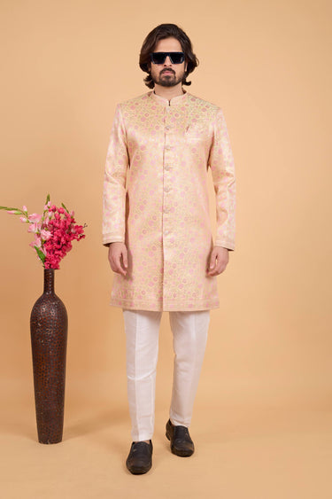 Cream Wedding Wear Zari Weaving Work Design Readymade Indowestern And Aligadhi Pant For Men