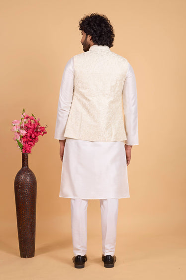Art Silk Off White Readymade Kurta And Aligadhi Pant With Embroidered Jacket For Men