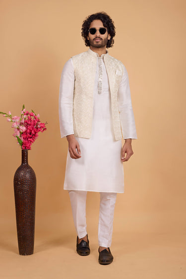 Art Silk Off White Readymade Kurta And Aligadhi Pant With Embroidered Jacket For Men