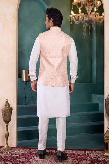 Art Silk Wedding Wear Off White Readymade Kurta And Aligadhi Pant With Embroidered Jacket For Men