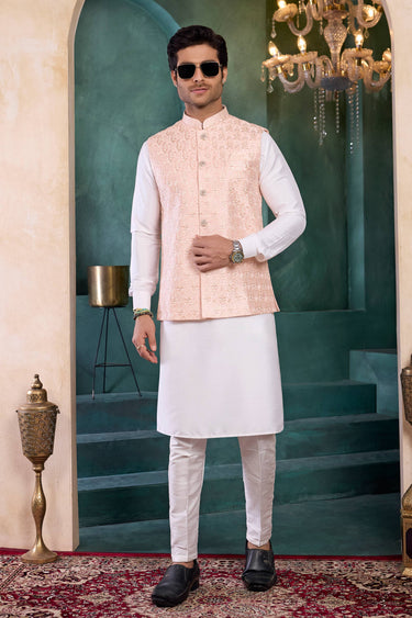 Art Silk Wedding Wear Off White Readymade Kurta And Aligadhi Pant With Embroidered Jacket For Men