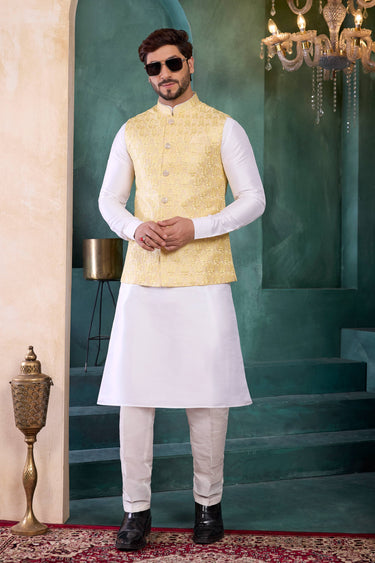 Off White Wedding Wear Readymade Kurta And Aligadhi Pant For Men