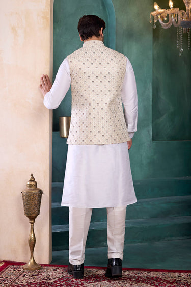 Gorgeous Off White Art Silk Wedding Wear Readymade Kurta And Aligadhi Pant With Embroidered Jacket For Men