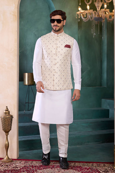 Gorgeous Off White Art Silk Wedding Wear Readymade Kurta And Aligadhi Pant With Embroidered Jacket For Men