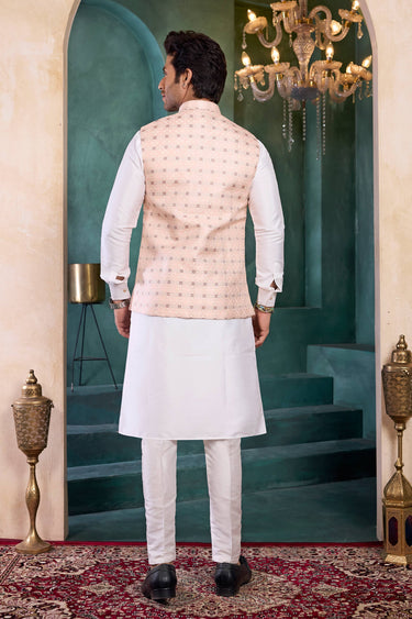 Jacquard Off White Men Readymade Kurta And Aligadhi Pant For Wedding Wear