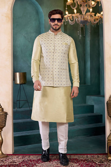 Jacquard Beige Men Readymade Kurta And Aligadhi Pant With 3 Pcs Jacket Set For Wedding Wear