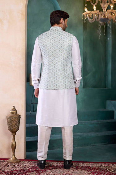 Gorgeous Off White Color Jacquard Wedding Wear Readymade Kurta And Aligadhi Pant With 3 Pcs Jacket Set For Men