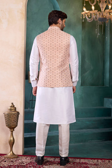 Jacquard Fabric Off White Wedding Wear Readymade Kurta And Aligadhi Pant For Men