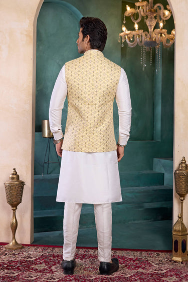 Off White Jacquard Men Readymade Kurta And Aligadhi Pant With 3 Pcs Jacket Set For Men