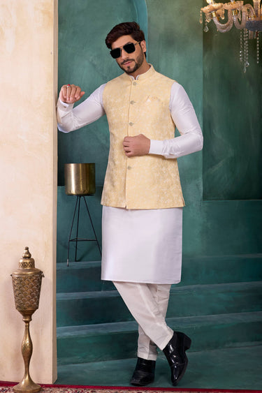 Jacquard Off White Wedding Wear Readymade Kurta And Aligadhi Pant For Men