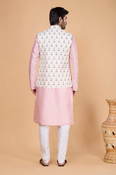 Pink Wedding Wear Art Silk Men Readymade Kurta And Aligadhi Pant With 3 Pcs Jacket Set