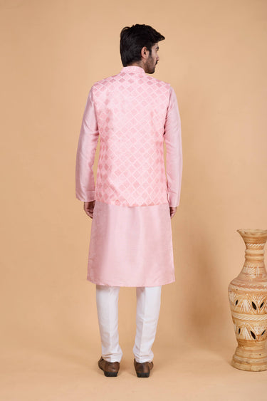 Pink Color Men Readymade Kurta And Aligadhi Pant With 3 Pcs Jacket Set For Wedding Wear