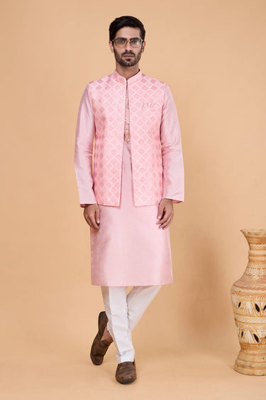 Pink Color Men Readymade Kurta And Aligadhi Pant With 3 Pcs Jacket Set For Wedding Wear