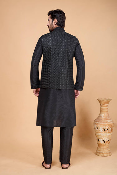 Black Art Silk Readymade Kurta And Aligadhi Pant With Embroidered Jacket For Men