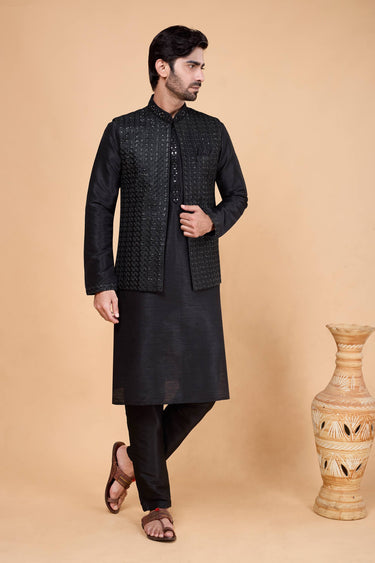 Black Art Silk Readymade Kurta And Aligadhi Pant With Embroidered Jacket For Men
