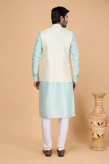 Jacquard Silk Sea Green Men Readymade Kurta And Aligadhi Pant For Wedding Wear