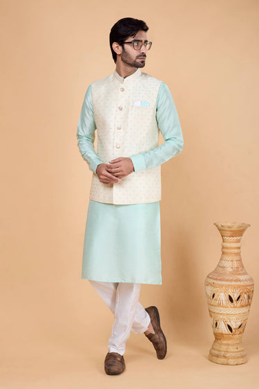 Jacquard Silk Sea Green Men Readymade Kurta And Aligadhi Pant For Wedding Wear
