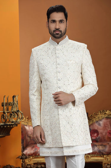 Art Silk Cream Embroidered Readymade Indo Western For Wedding Wear