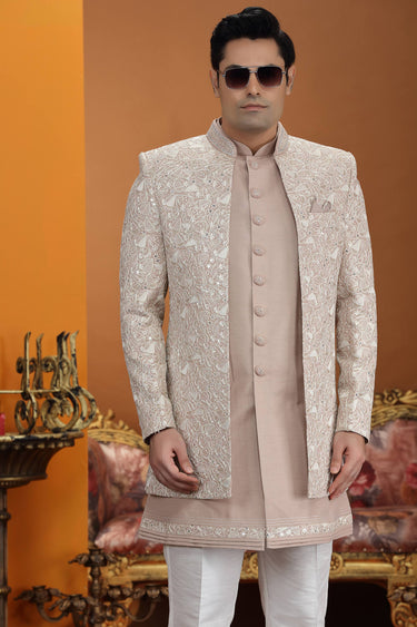 Peach Wedding Wear Art Silk Readymade Indo Western