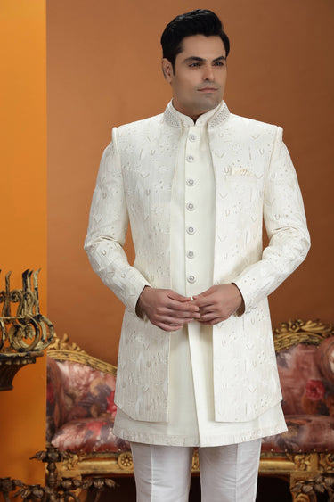 Art Silk Fabric Cream Readymade Indo Western For Wedding Wear