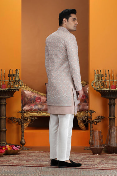 Embroidered Art Silk Peach Readymade Indo Western For Wedding Wear