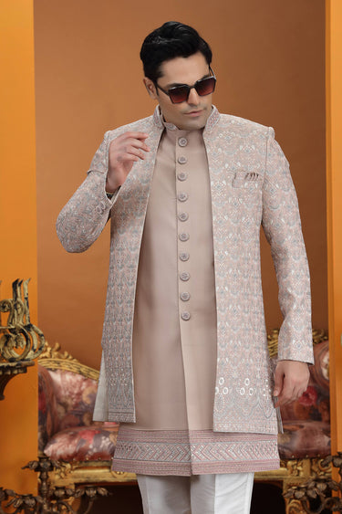 Embroidered Art Silk Peach Readymade Indo Western For Wedding Wear