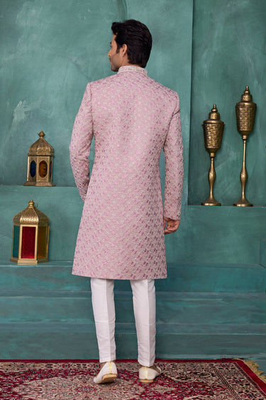 Pink Wedding Wear Art Silk Fabric Readymade Sherwani For Men