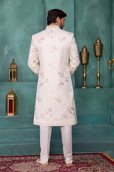 Beige Wedding Wear Art Silk Fabric Readymade Sherwani For Men