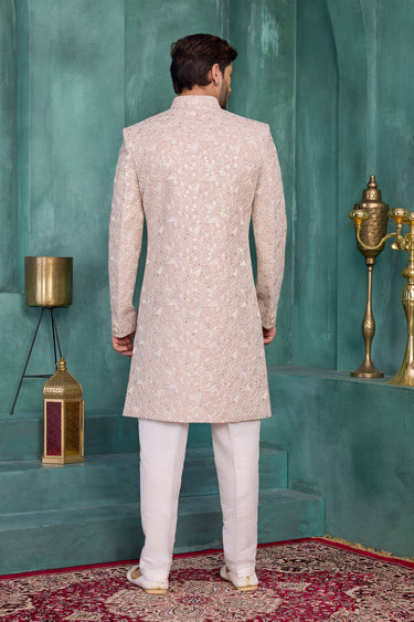Art Silk Fabric Embroidered Pink Wedding Wear Readymade Sherwani For Men