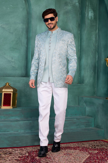 Sea Green Wedding Wear Jacquard Silk Fabric Jodhpuri Jacket