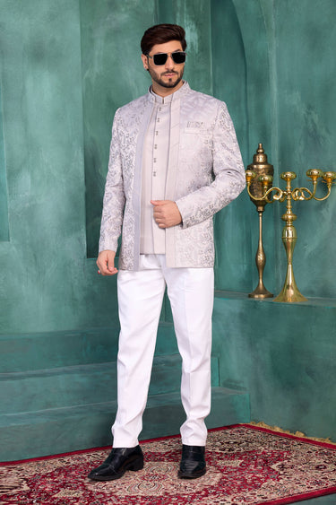 Grey Wedding Wear Jacquard Silk Readymade Jodhpuri Jacket