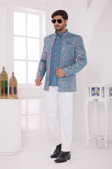 Art Silk Fabric Teal Wedding Wear Readymade Jodhpuri Jacket