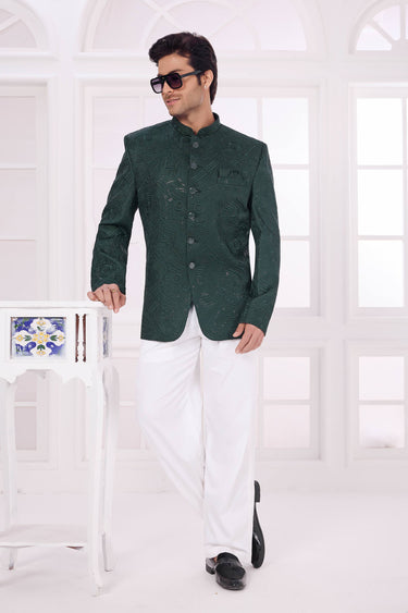 Art Silk Dark Green Readymade Jodhpuri Jacket For Wedding Wear
