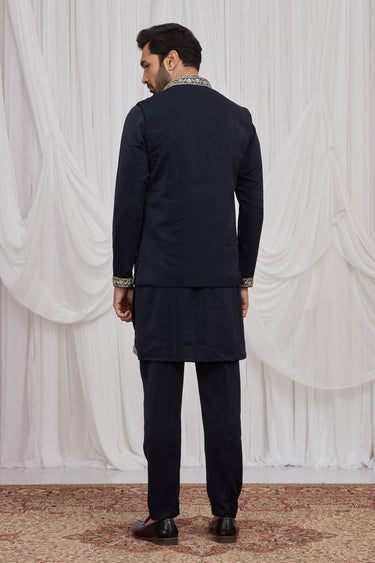 Fancy Fabric Embroidered Navy Blue Readymade Kurta Pyjama With Jacket For Men