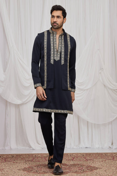 Fancy Fabric Embroidered Navy Blue Readymade Kurta Pyjama With Jacket For Men
