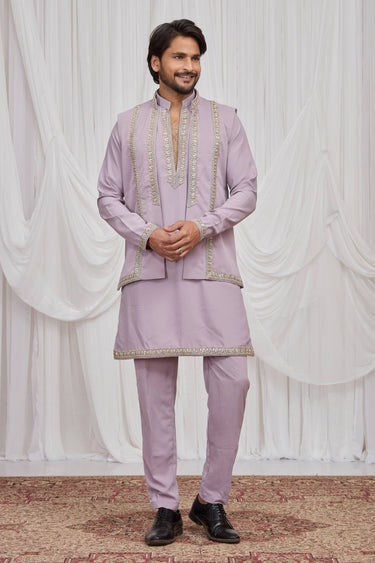 Embroidered Fancy Fabric Lavender Function Wear Readymade Kurta Pyjama With Jacket For Men