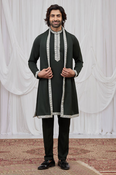 Embroidered Olive Green Function Wear Readymade Kurta Pyjama With Dupatta For Men