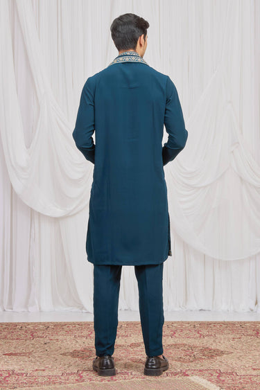 Teal Function Wear Fancy Fabric Readymade Kurta Pyjama With Dupatta For Men