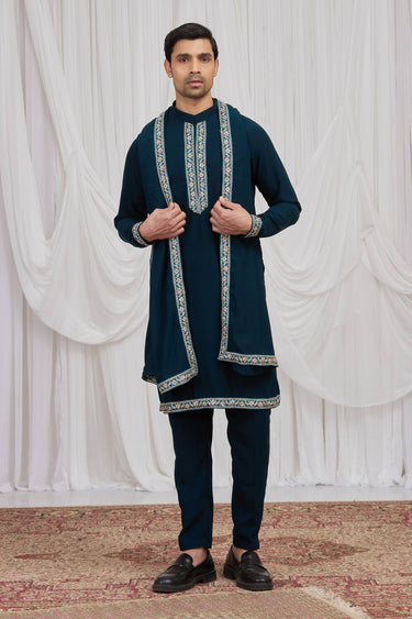Teal Function Wear Fancy Fabric Readymade Kurta Pyjama With Dupatta For Men