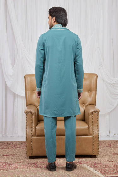 Fancy Fabric Embroidered Cyan Function Wear Readymade Kurta Pyjama With Dupatta For Men