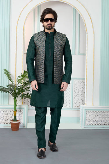 Jacquard Dark Green Wedding Wear Readymade Kurta And Aligadhi Pant With Jacket For Men