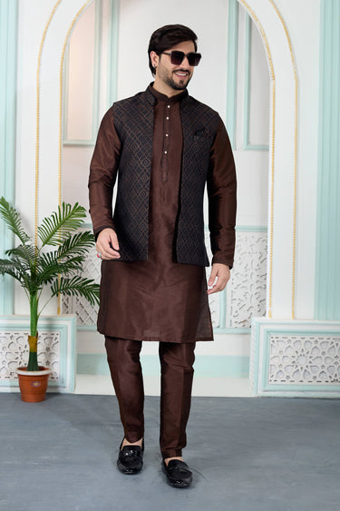 Brown Wedding Wear Jacquard Fabric Readymade Kurta And Aligadhi Pant For Men