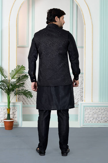 Jacquard Black Wedding Wear Readymade Kurta And Aligadhi Pant With Jacket For Men