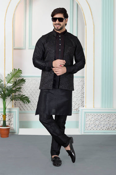 Jacquard Black Wedding Wear Readymade Kurta And Aligadhi Pant With Jacket For Men