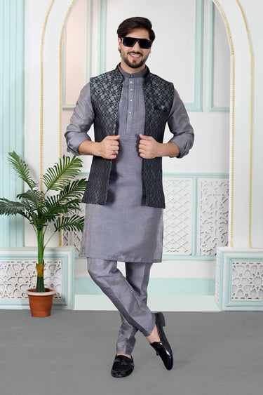 Grey Wedding Wear Jacquard Readymade Kurta And Aligadhi Pant For Men