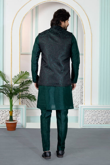 Dark Green Wedding Wear Jacquard Readymade Kurta And Aligadhi Pant For Men